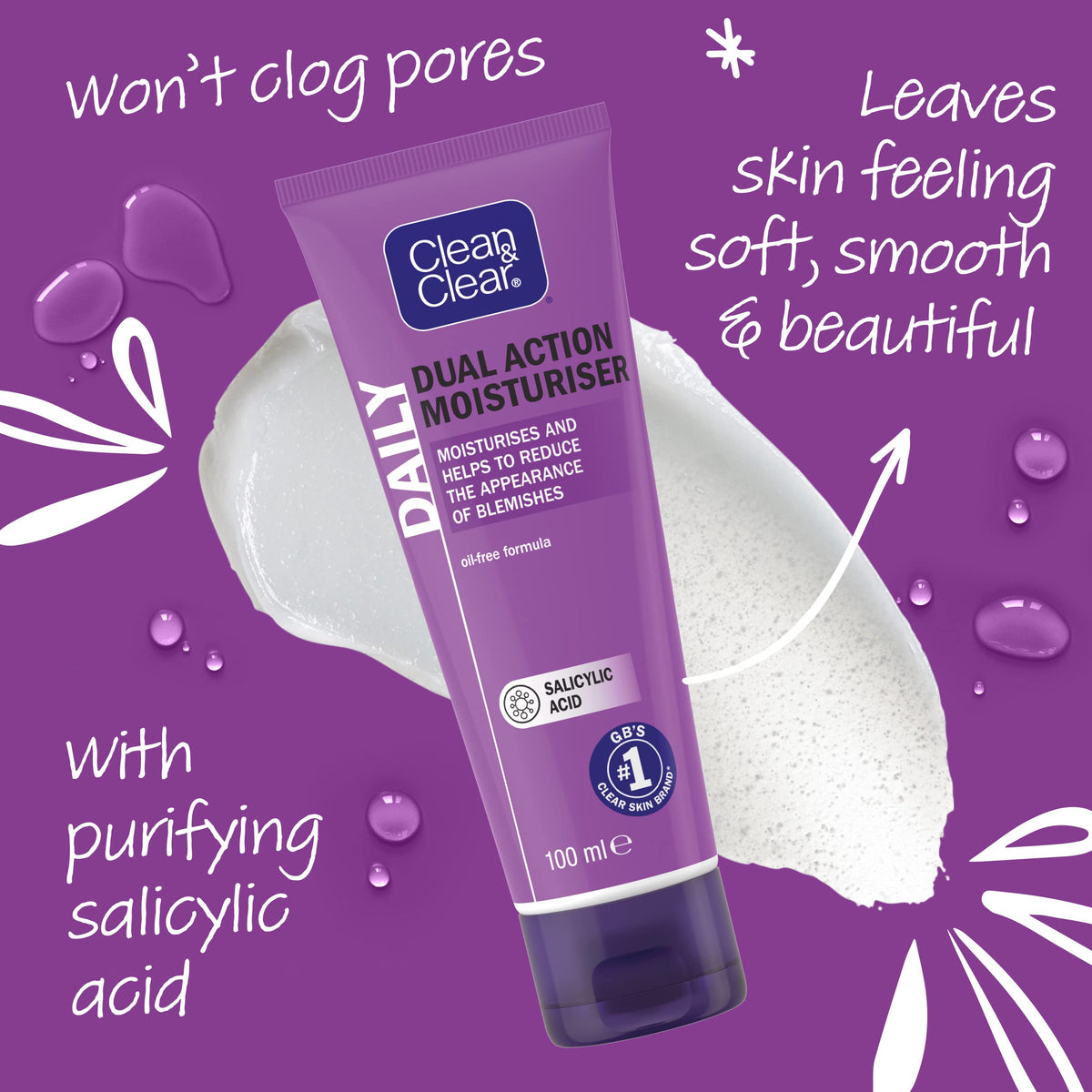 Clean & Clear beside a smartphone to show 100 ml size and travel-friendly benefit