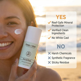 Clean + Kind sunscreen being spread on skin demonstrating easy blend