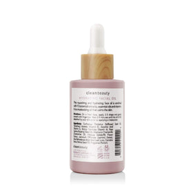 Clean Beauty product label close-up listing botanical ingredients and benefits