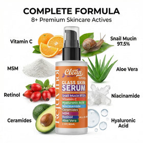 Clean Beauty arranged key ingredients illustrating vitamin C, snail mucin and hyaluronic acid benefits