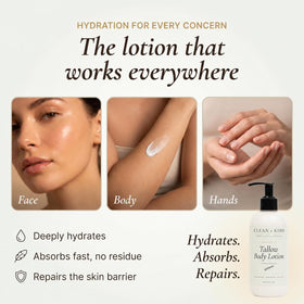 Clean + Kind ingredient bottles with tallow, shea, jojoba to show natural blend