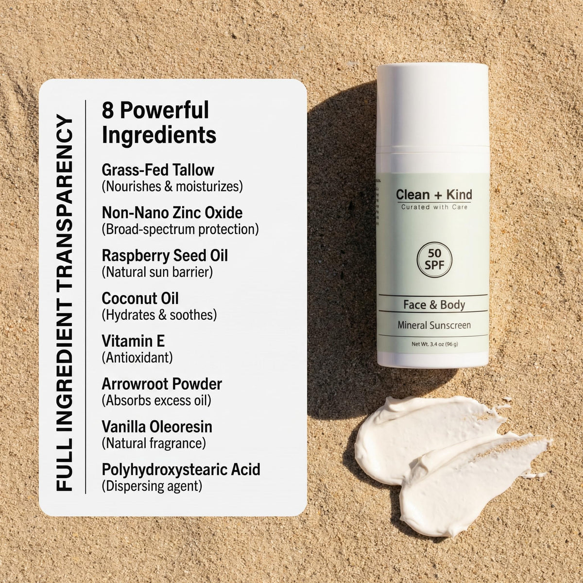 Clean + Kind airless pump detail emphasizing leak-proof travel packaging and freshness