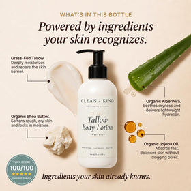 Clean + Kind pump dispensing creamy lotion texture demonstrating easy application