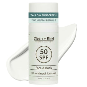Clean + Kind front pump showing travel-size sunscreen and clear labeling benefit portability