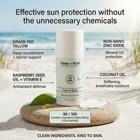 Clean + Kind sunscreen texture on hand demonstrating smooth non-greasy finish