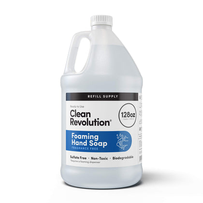 Clean Revolution gallon front view showing unscented refill and eco benefit