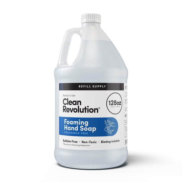 Clean Revolution gallon front view showing unscented refill and eco benefit