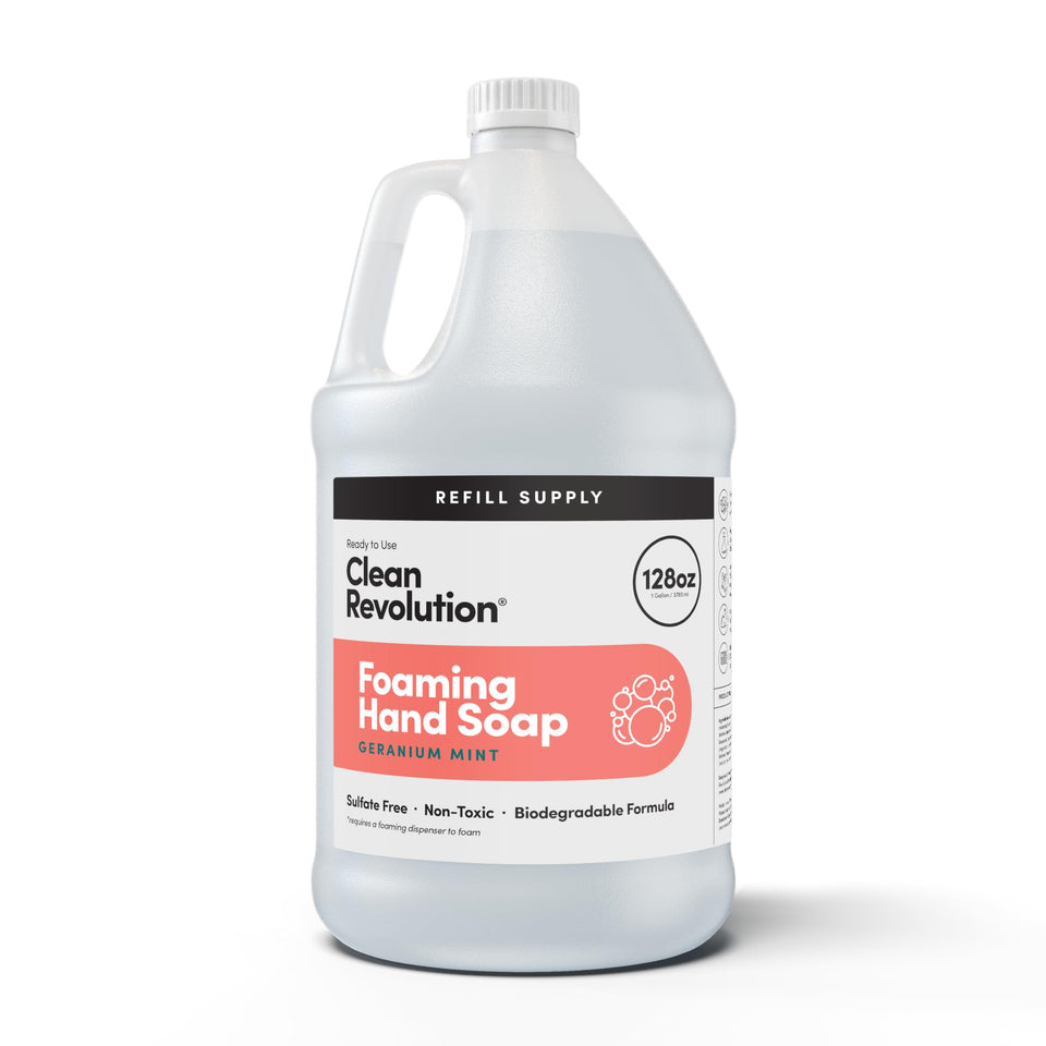 Clean Revolution front view of 128 fl oz gallon showing packaging and refill benefit