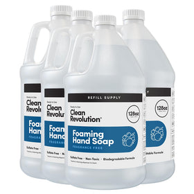 Clean Revolution front label showing unscented 128 oz refill and clear branding for easy recognition and value