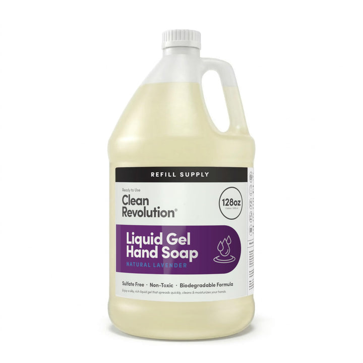 Clean Revolution front label on 128 oz refill showing brand and lavender scent benefit