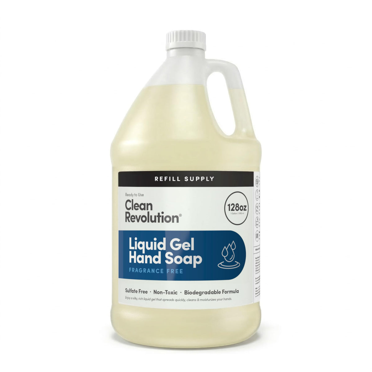 Clean Revolution front label on 128 oz refill showing branding and unscented benefit