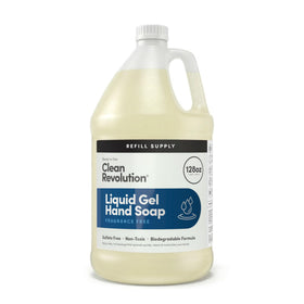 Clean Revolution front label on 128 oz refill showing branding and unscented benefit