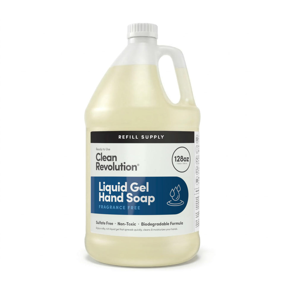 Clean Revolution front label on 128 oz refill showing branding and unscented benefit