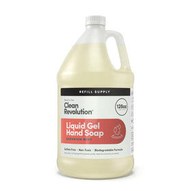 Clean Revolution front packaging showing geranium mint and 128 oz size, clear refill benefit