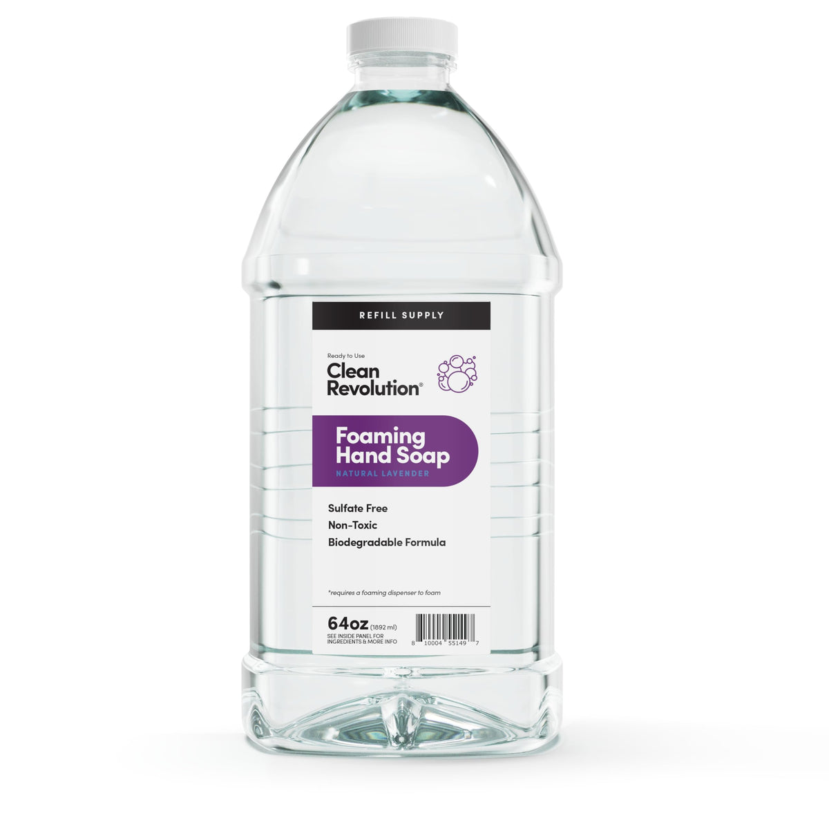 Clean Revolution front packaging showing 64 oz lavender refill and clear labeling benefit