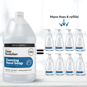 Clean Revolution pouring into dispenser close-up demonstrating spill-free refill and quick application