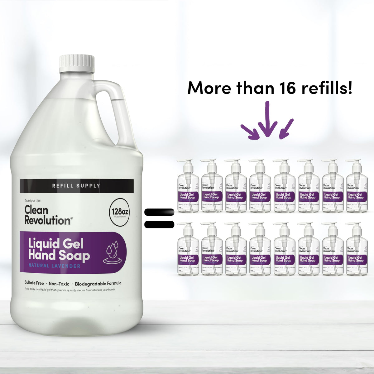 Clean Revolution pump dispensing gel showing easy-use and quick-lather benefit