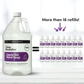 Clean Revolution pump dispensing gel showing easy-use and quick-lather benefit