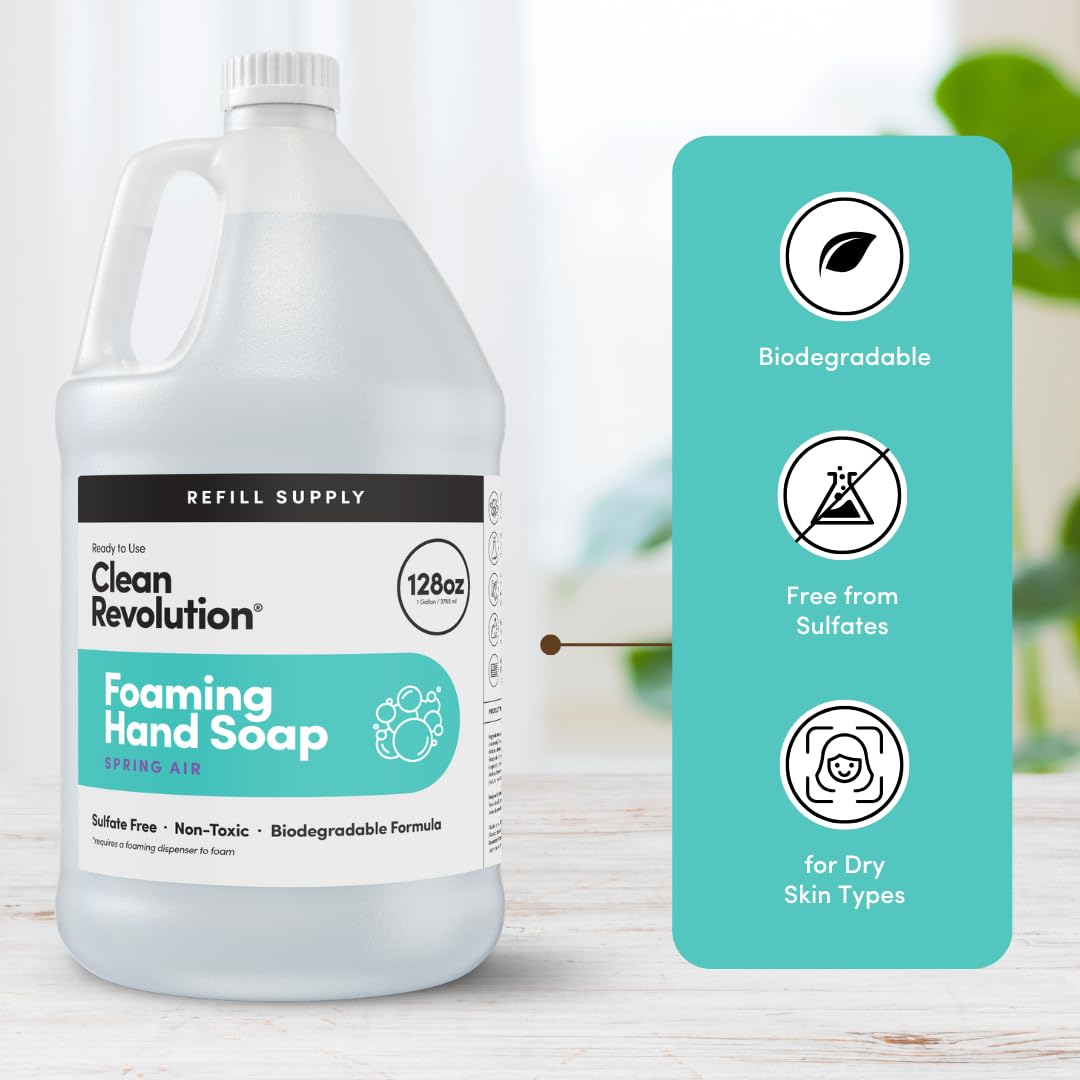 Clean Revolution gallon beside a 14 oz foaming dispenser showing refill quantity benefit