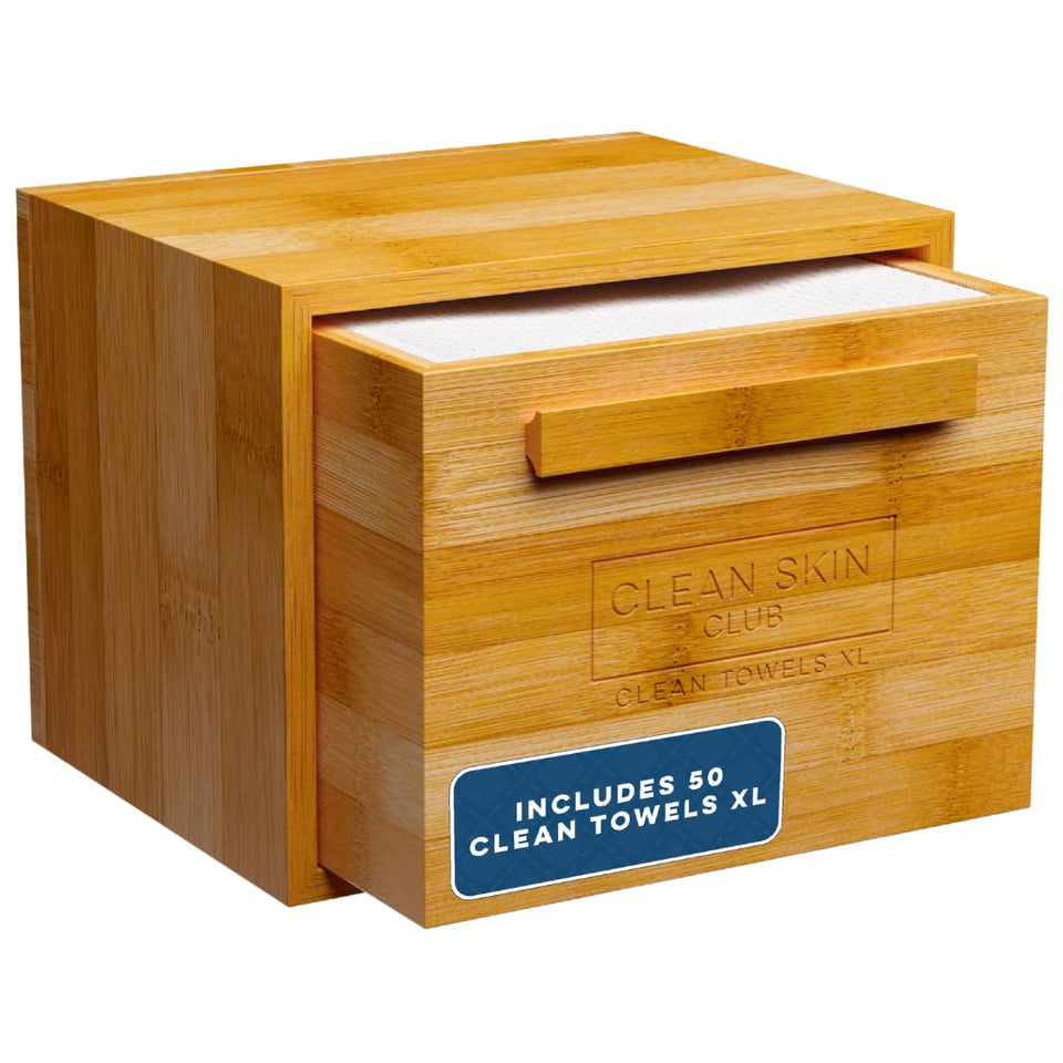 CLEAN SKIN CLUB bamboo drawer front showing sleek storage and neat counter organization