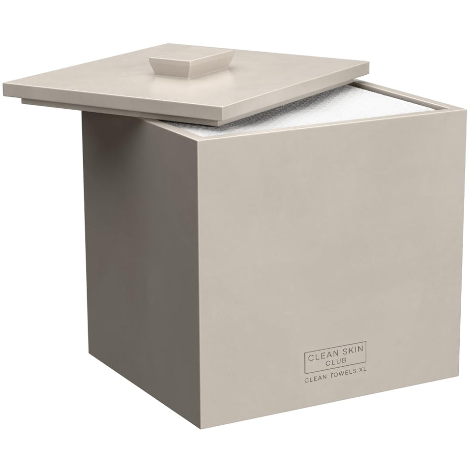 CLEAN SKIN CLUB cement box front view in taupe, organized bathroom benefit
