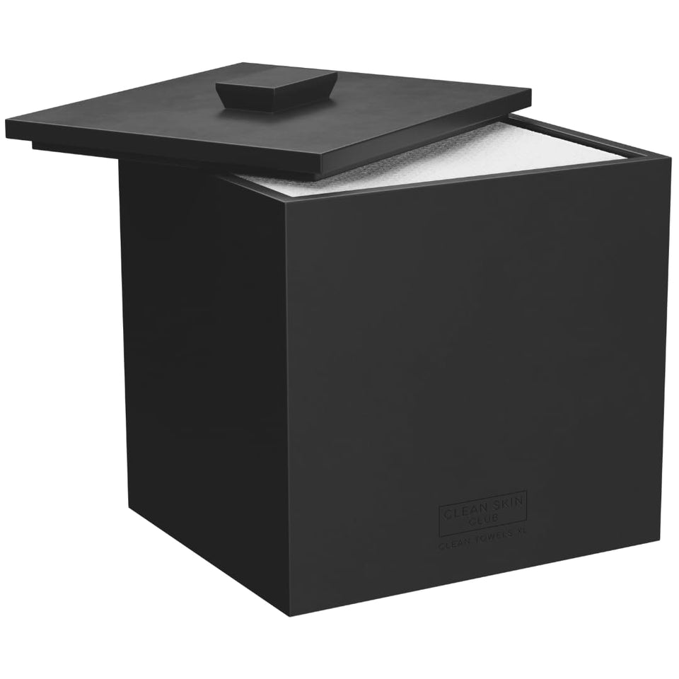 CLEAN SKIN CLUB cement box front view showing sleek matte onyx finish and stable base