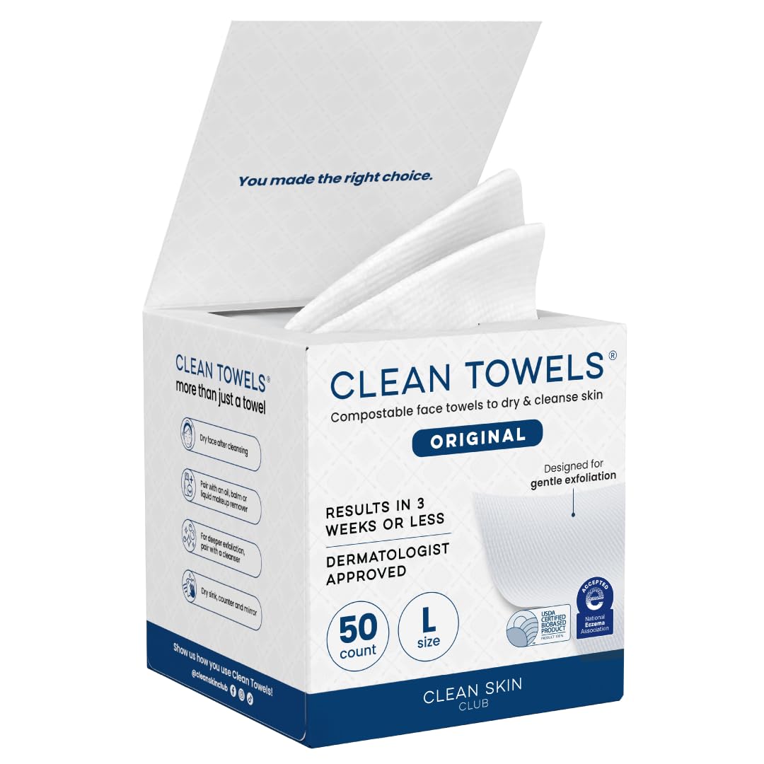 CLEAN SKIN CLUB front packaging showing 50-count large disposable face towels and convenience