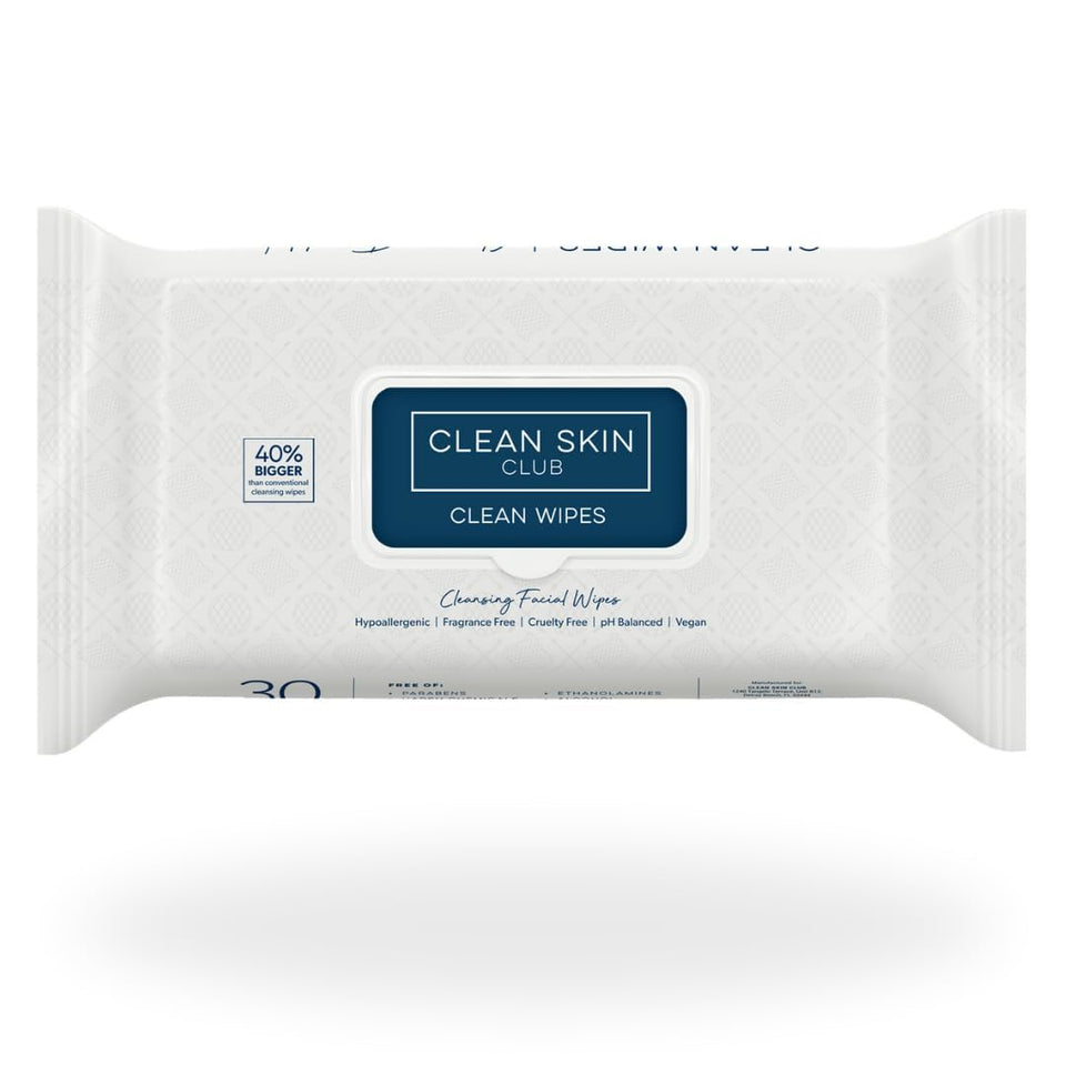 CLEAN SKIN CLUB front packaging showing resealable 30-count pack for travel convenience