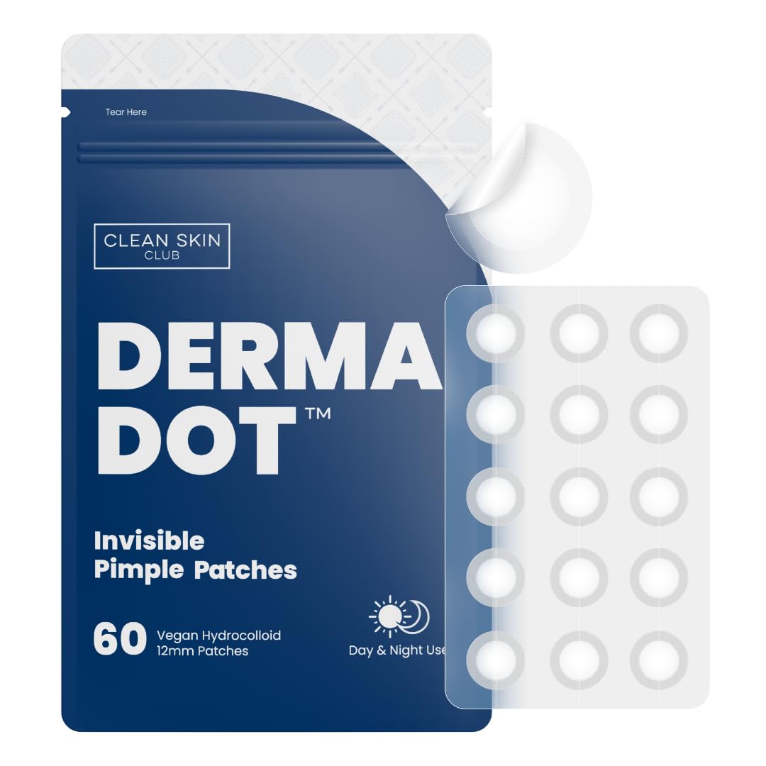 CLEAN SKIN CLUB front packaging showing the 60-count derma dot pimple patches and benefits