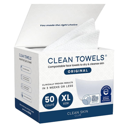 Clean Skin Club front packaging showing 50-count pack and benefits