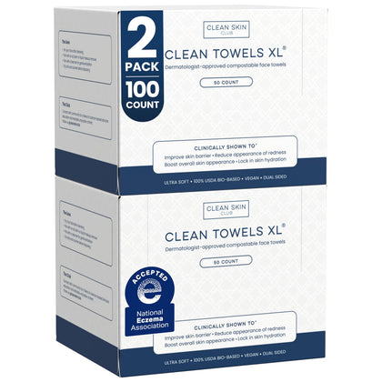 Clean Skin Club front packaging showing 2-pack and count for convenient use