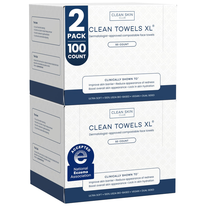 Clean Skin Club front packaging showing 2-pack and count for convenient use