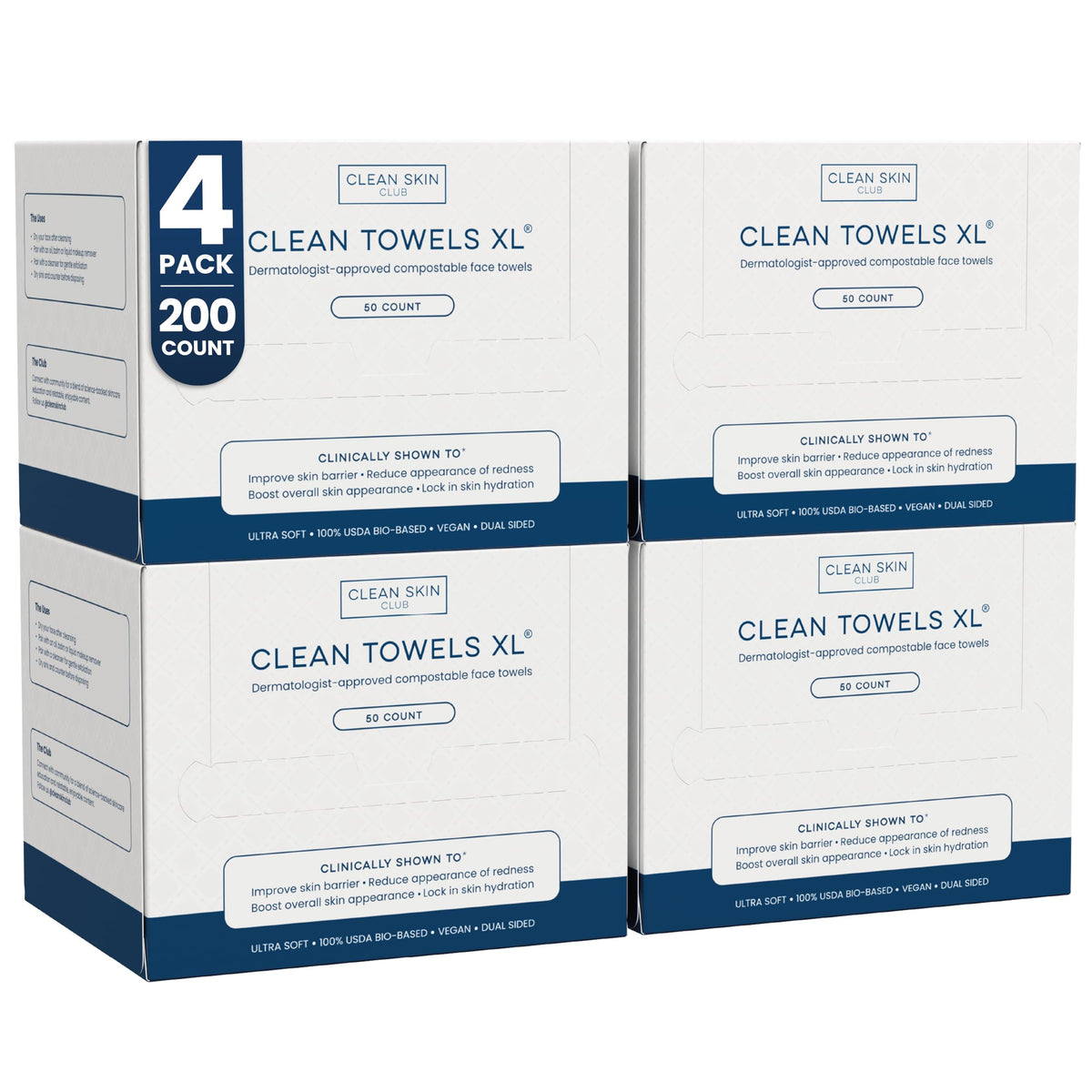 Clean Skin Club front packaging showing four resealable packs and convenience