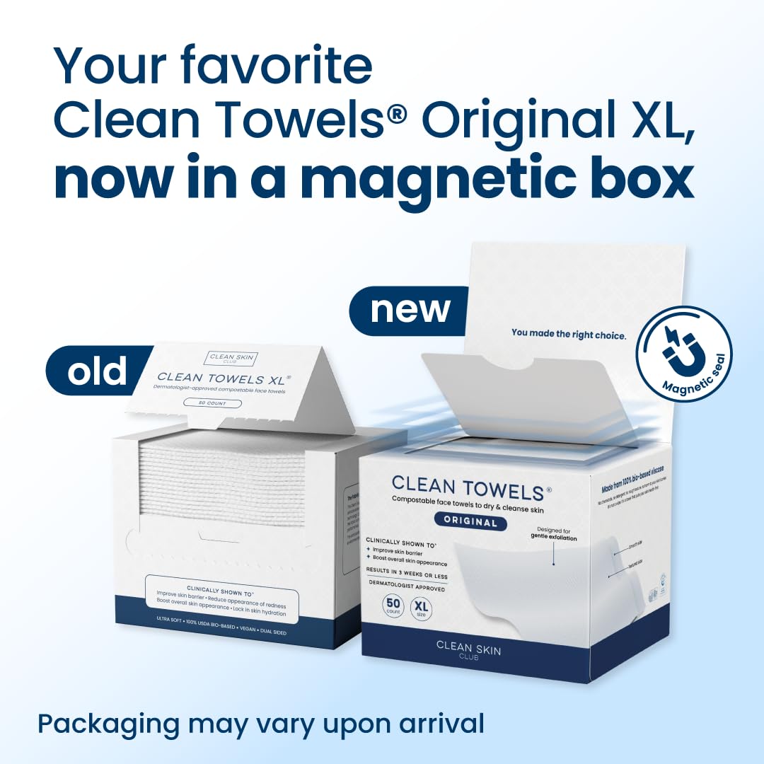 Clean Skin Club open pack revealing one folded dry towel for immediate use