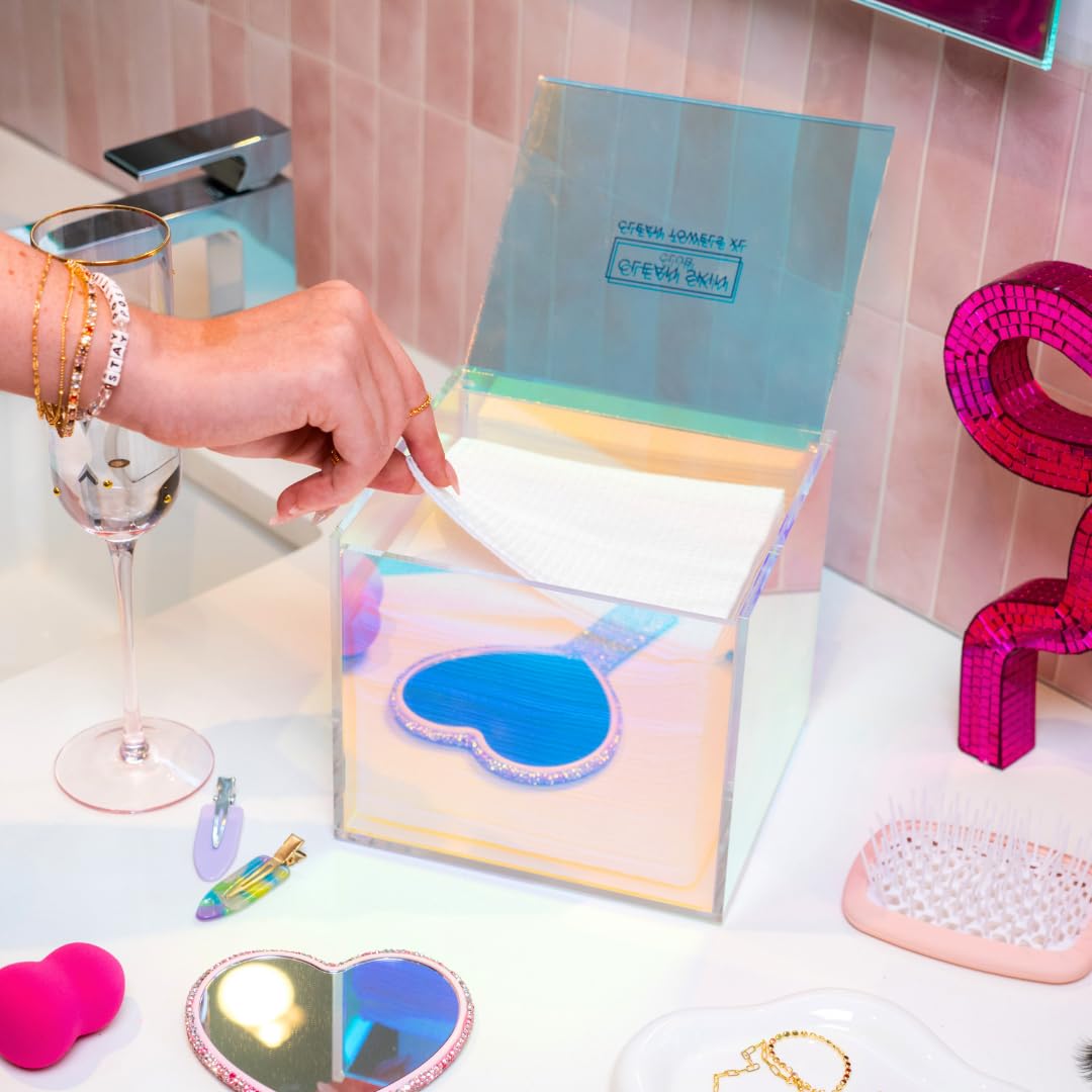 CLEAN SKIN CLUB prism box styled on vanity enhancing bathroom organization