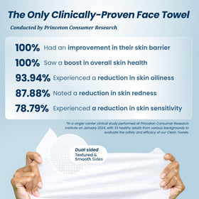 Clean Skin Club towel held in hand demonstrating size and portability