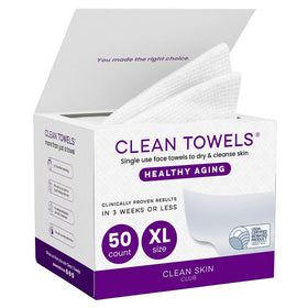 CLEAN SKIN CLUB front packaging of XL 50-count towels showing product