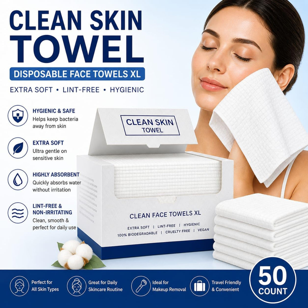 Clean Skin Towel next to ruler showing 10x12 size, full face coverage benefit