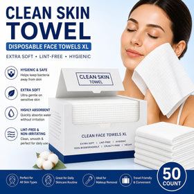Clean Skin Towel next to ruler showing 10x12 size, full face coverage benefit