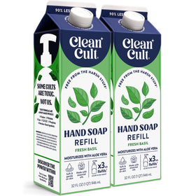 Cleancult front packaging showing two paper-based 32 oz refills and sustainable benefit