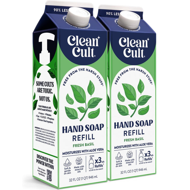 Cleancult front packaging showing two paper-based 32 oz refills and sustainable benefit