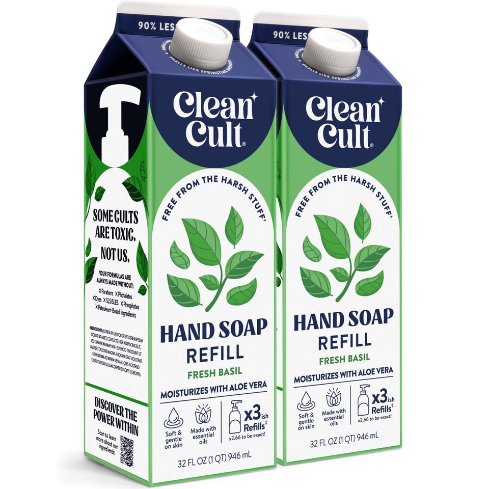 Cleancult front packaging showing two paper-based 32 oz refills and sustainable benefit