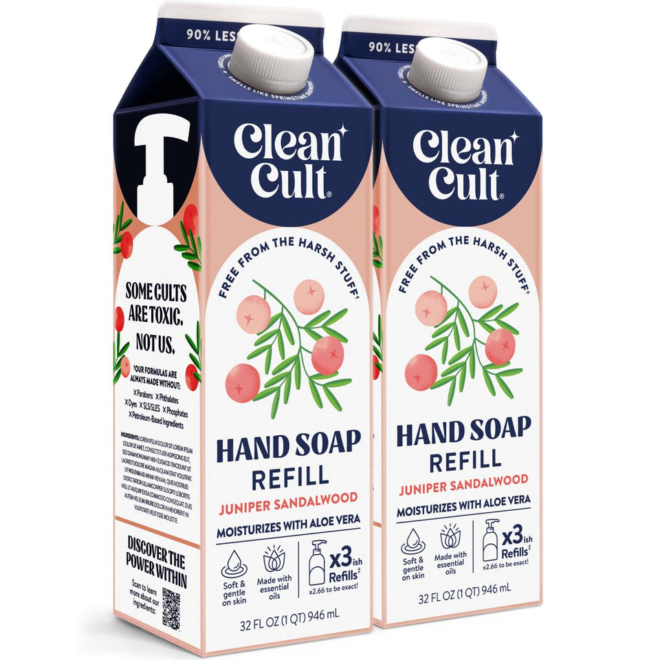 Cleancult front packaging showing juniper sandalwood refill benefits