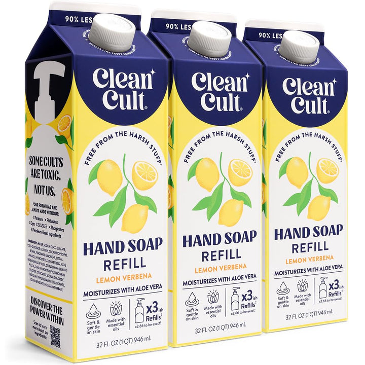 Cleancult lemon verbena front packaging showing refill pouch and brand benefits