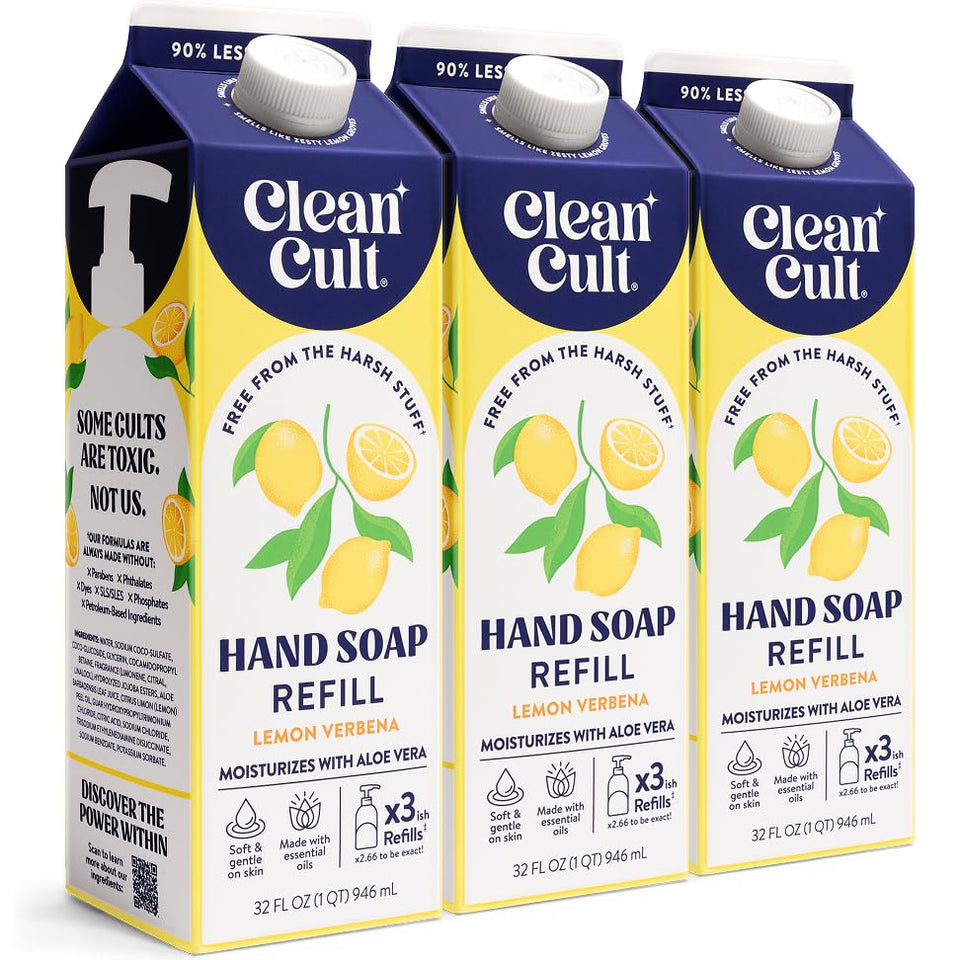 Cleancult lemon verbena front packaging showing refill pouch and brand benefits
