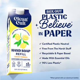 Cleancult lemon verbena pouring from pouch into bottle for easy refill benefit