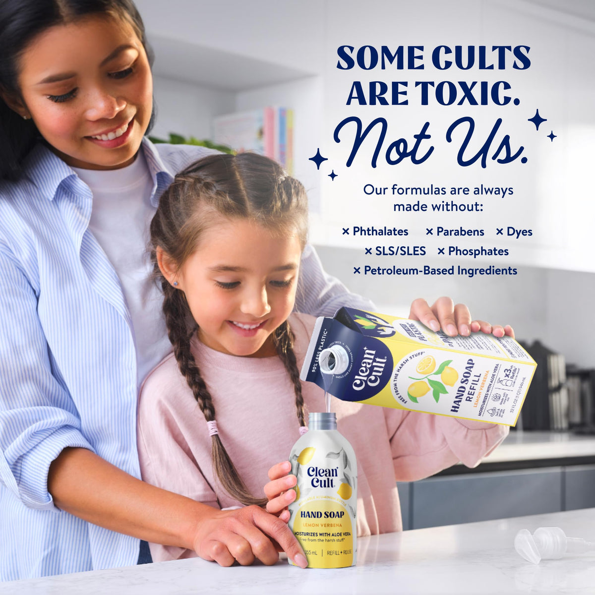 Cleancult lemon verbena refill being poured into pump bottle for low-waste convenience
