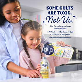 Cleancult lemon verbena refill being poured into pump bottle for low-waste convenience