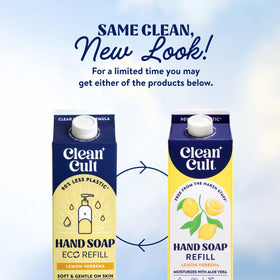 Cleancult lemon verbena pouch held next to hand to show true 32 oz scale