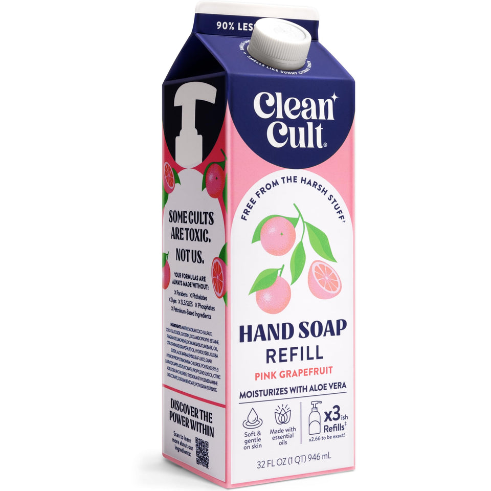 Cleancult pouch front view showing pink grapefruit label and eco benefit